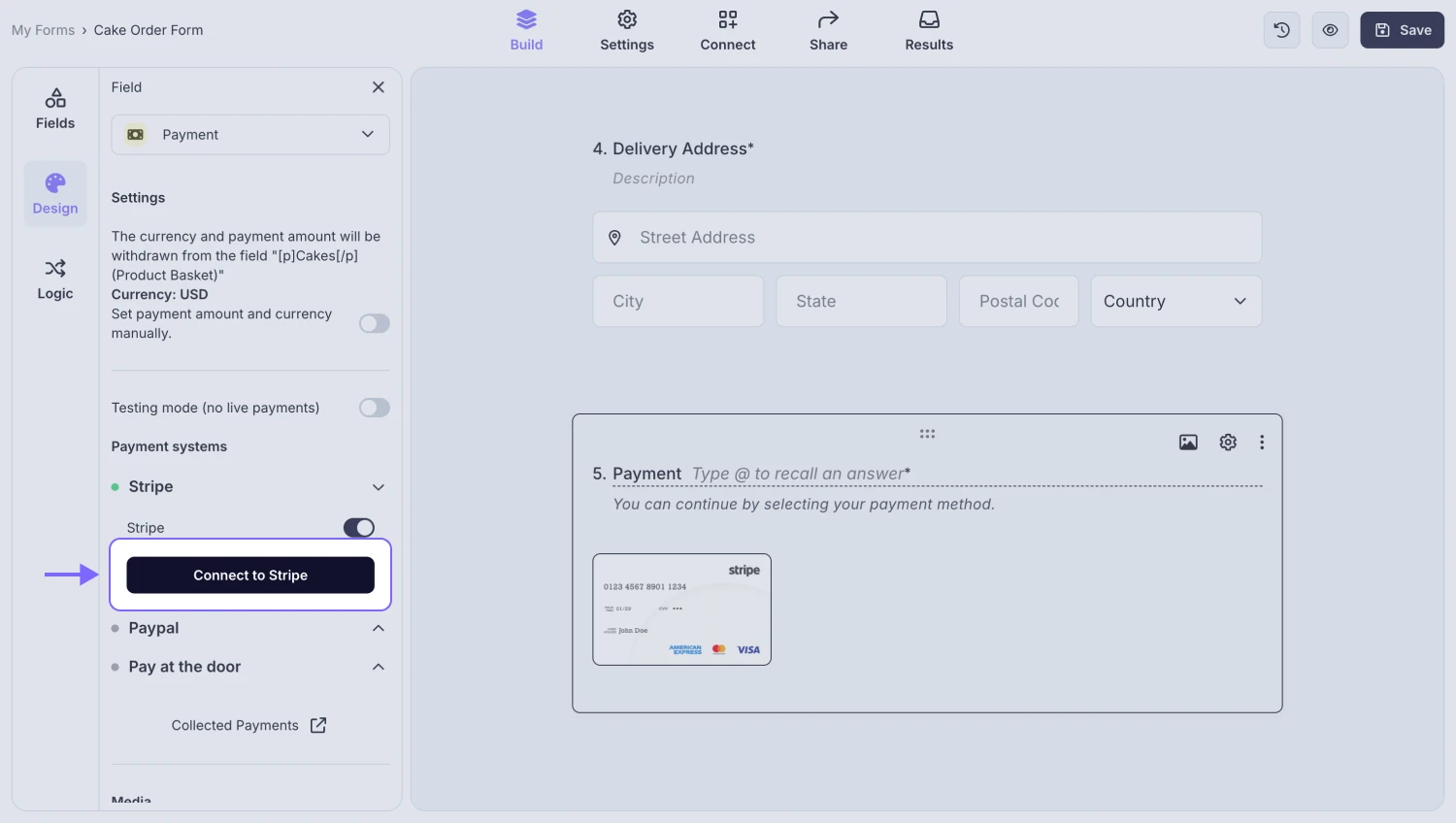 An image highlighting the “Connect to Stripe” button in the field settings