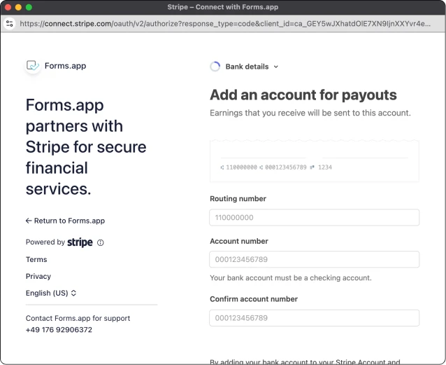 An image showing the Stripe page, where you need to enter your personal information