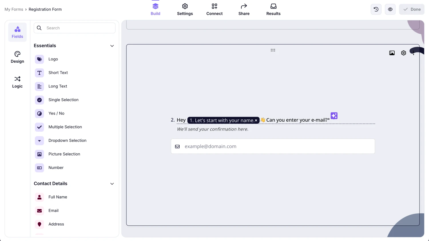 Add questions and fields