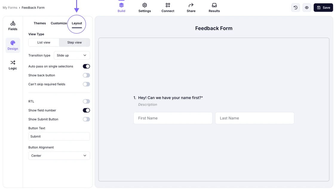 An image showing the “Design” tab and the “Layout” button