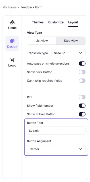 An image showing the “Button Text” and “Button Alignment” options for your submit button