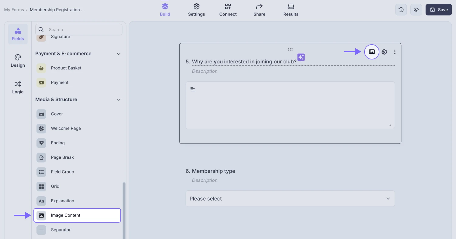 An image showing the “Image content” field, which you can easily add from the field menu on the left