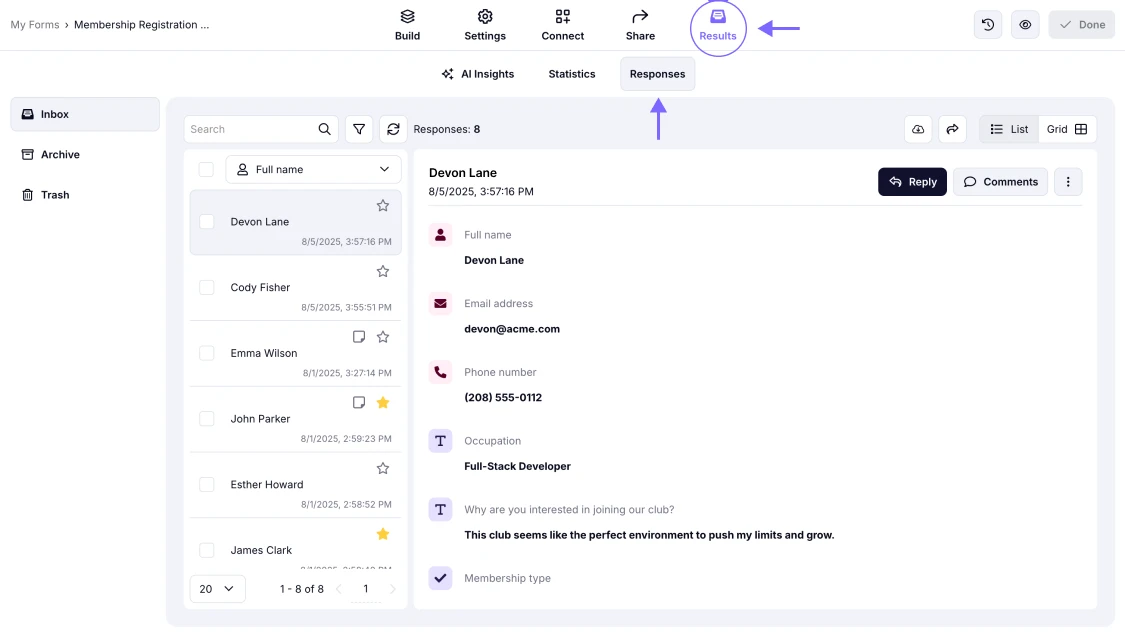 An image showing how to access the Responses section through the Results tab