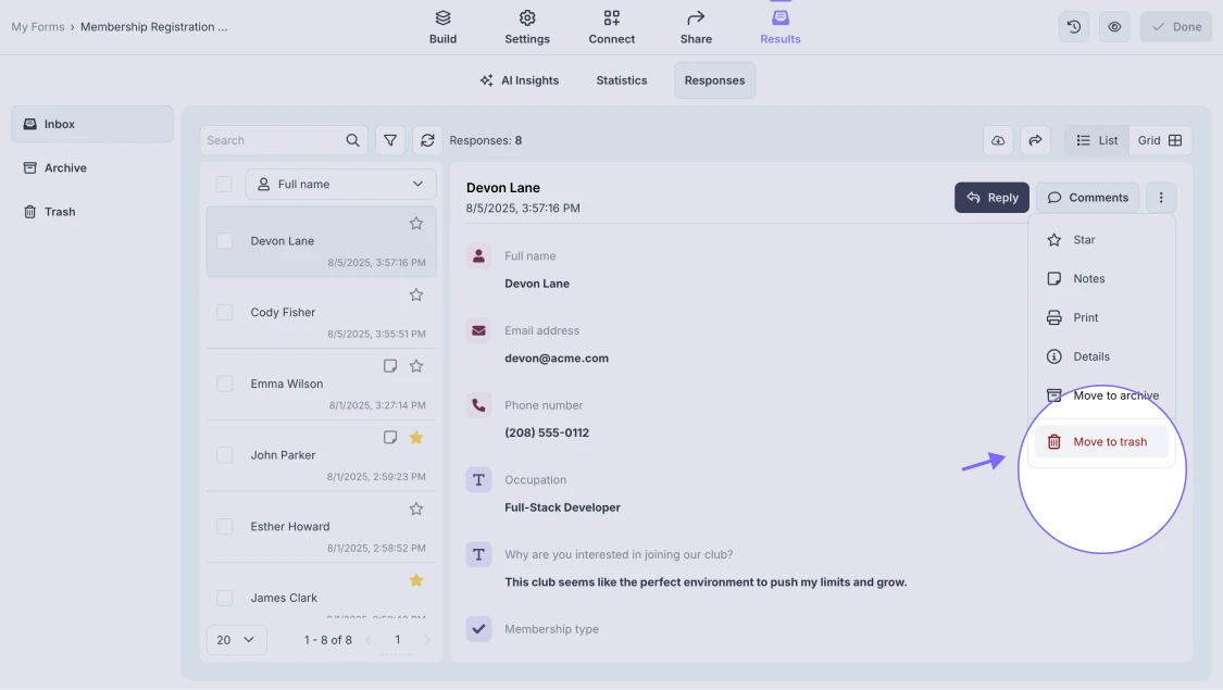 An image showing the "Move to Trash" option, which needs to be selected to delete the form response needed