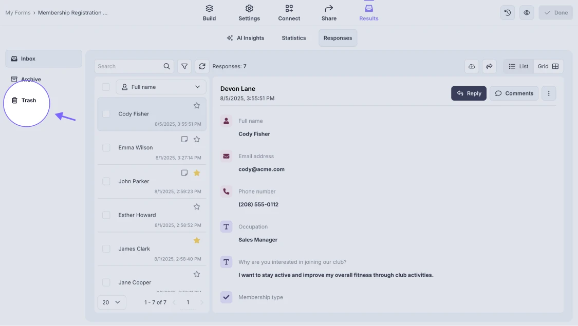 An image highlighting the Trash folder in the left menu, where you can find your deleted responses
