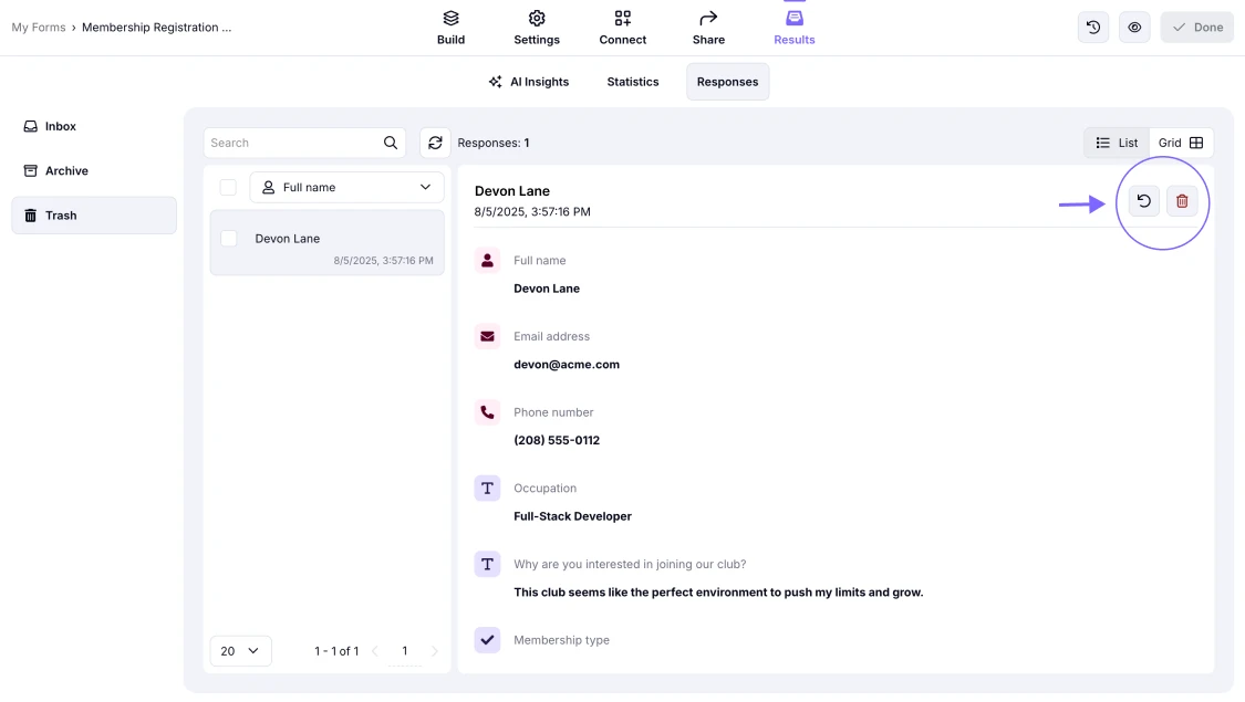 An image showing the options for restoring or permanently deleting your responses by accessing the Response Trash folder