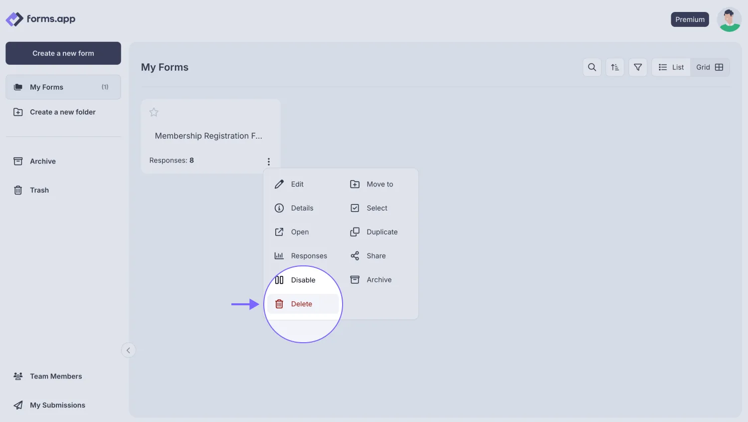 An image showing how you can find the Delete option by clicking the form on your Dashboard