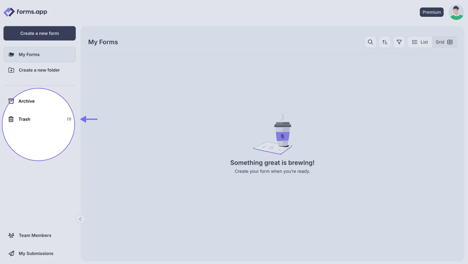 An image highlighting the Trash folder from the left sidebar on your Dashboard