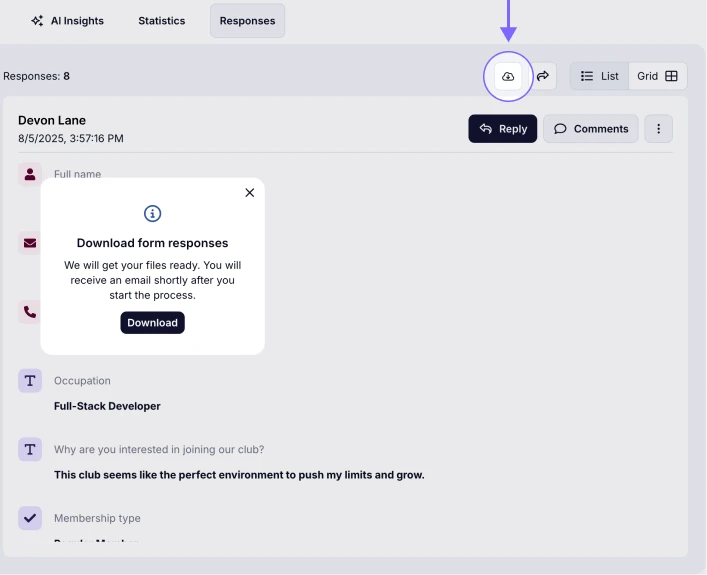 An image showing the Download icon you need to press to start the downloading of your responses