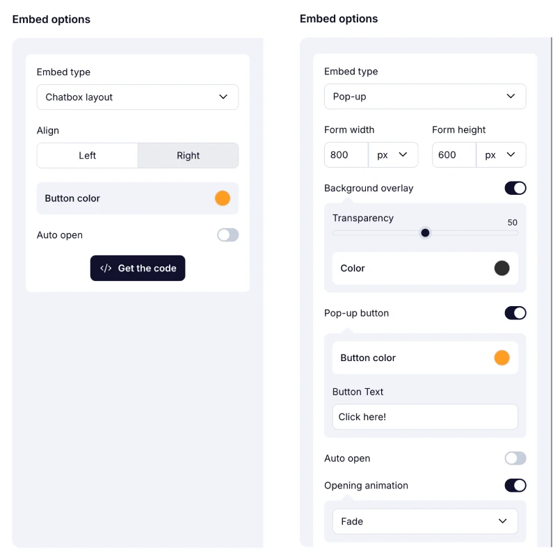 An image showing the settings you are free to adjust on the example options, like Checkbox layout and Pop-up