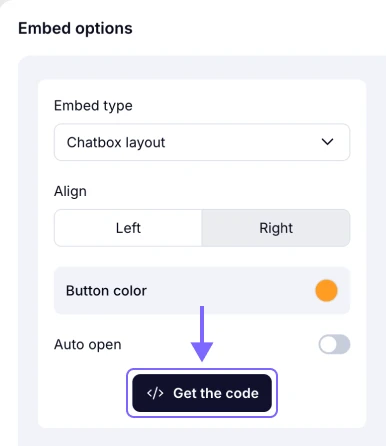 An image showing the “Get the code button” you need to click once you are done adjusting settings, so that you can copy the embed code