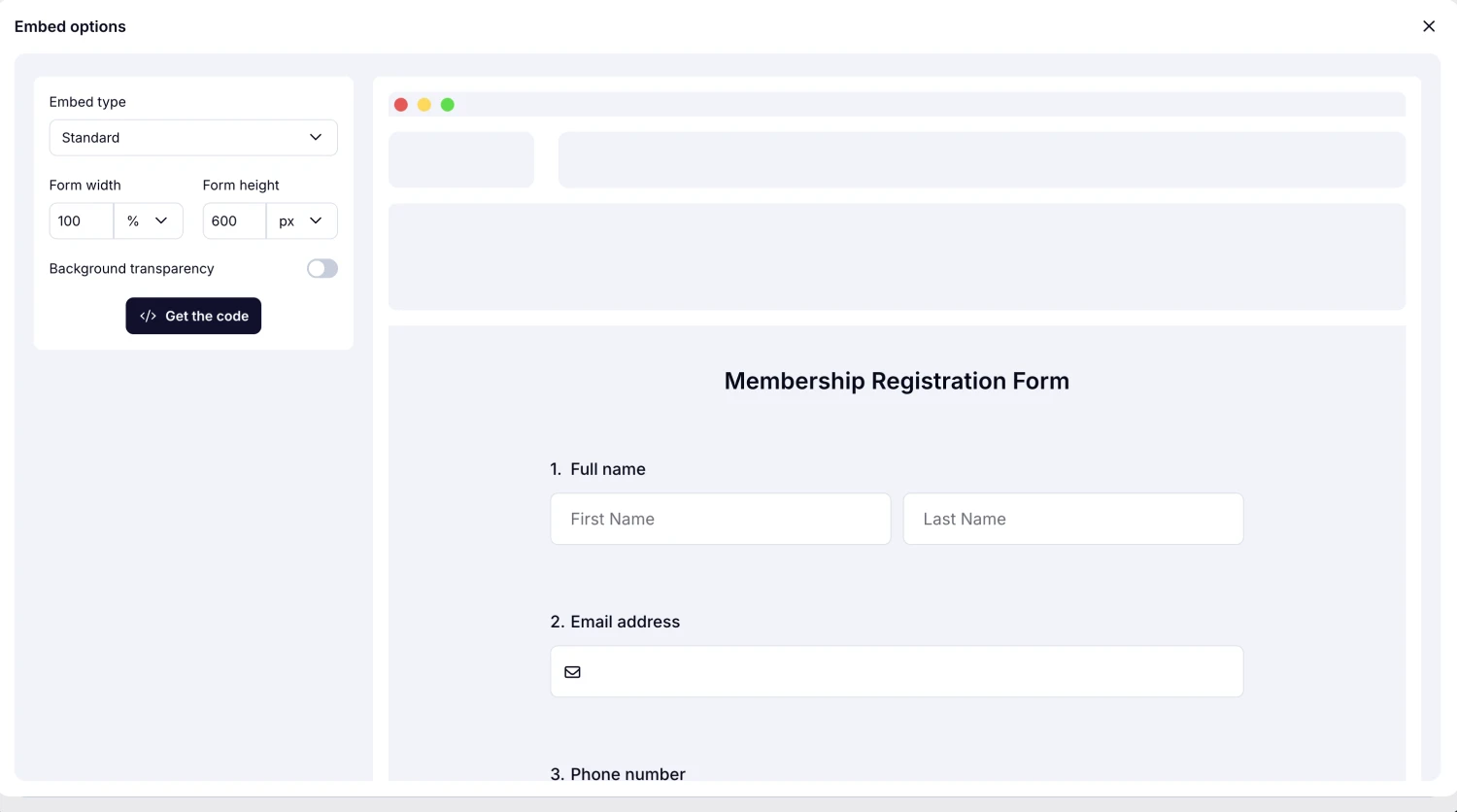 An image showing the screen where you can get the embed code once you select the “Standard” embed option