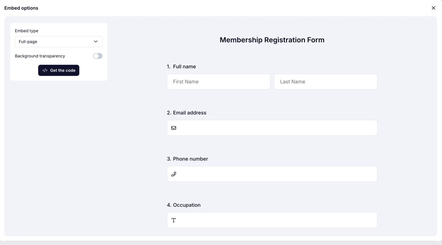 An image showing the screen where you can get the embed code once you select the “Full-page” embed option