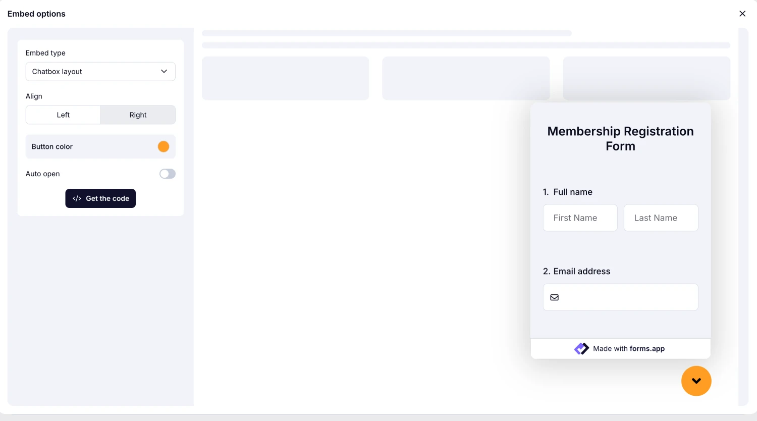 An image showing the screen where you can get the embed code once you select the “Chatbox layout” embed option