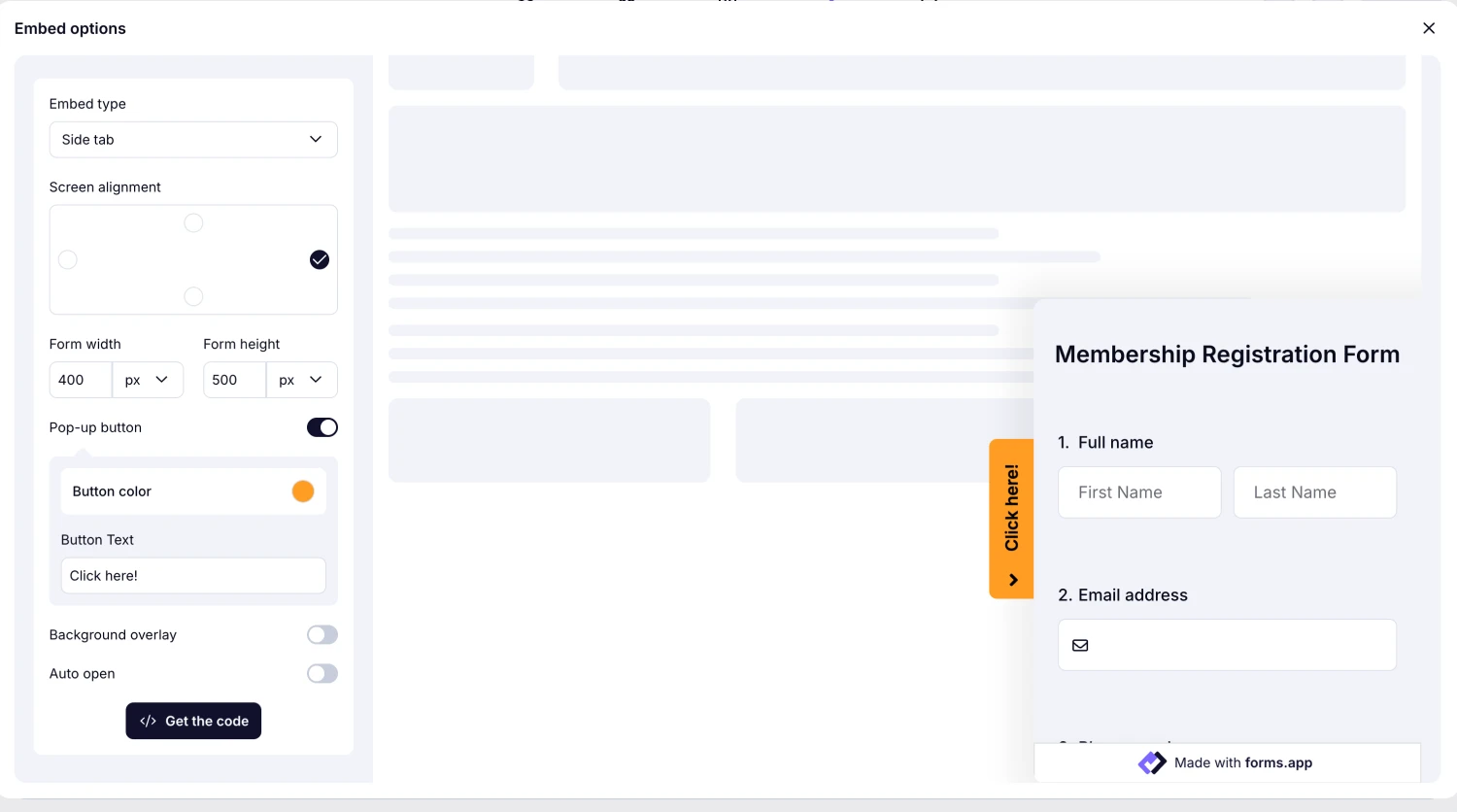 An image showing the screen where you can get the embed code once you select the “Side tab” embed option
