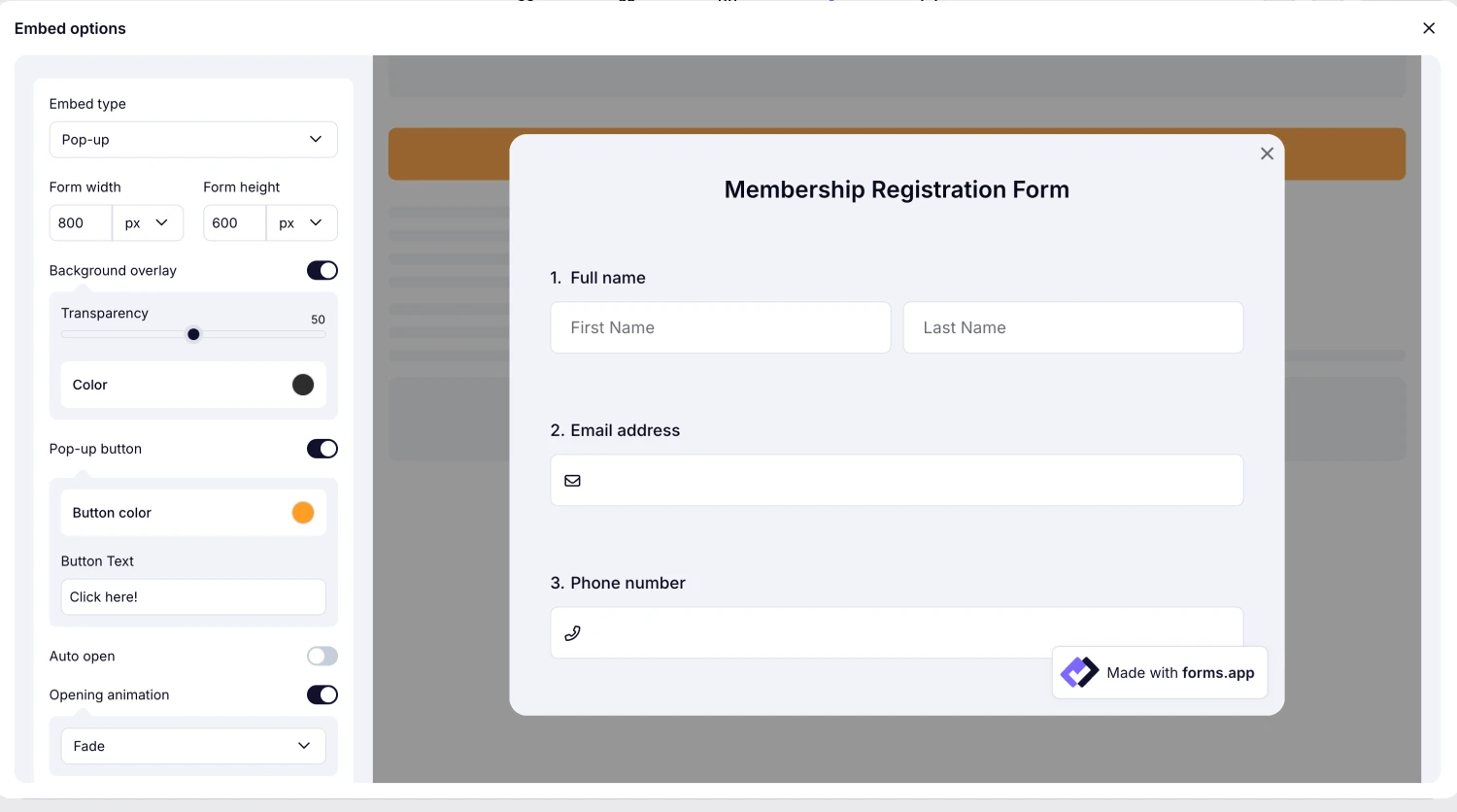 An image showing the screen where you can get the embed code once you select the “Pop-up” embed option