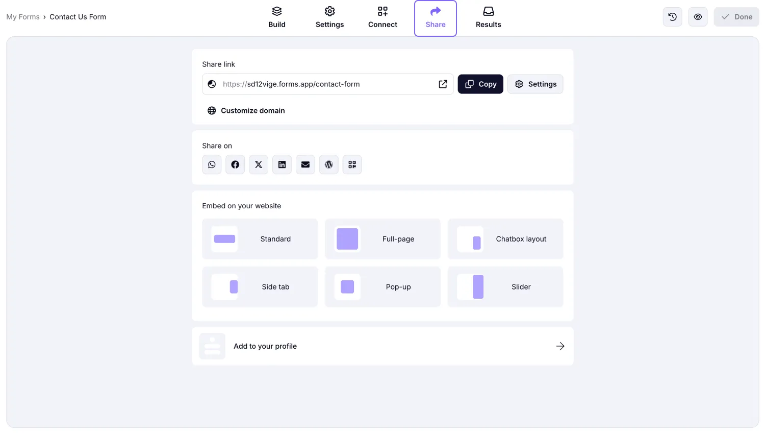 An image showing the “Share” section of the form on forms.app platform