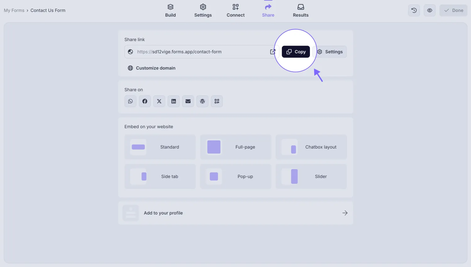 An image showing the “Copy” button you need to click to copy the URL of your completed form