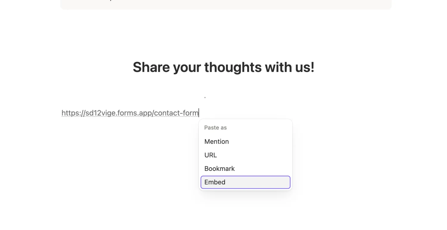 An image showing the dropdown menu that appears once you paste your form URL and the “Embed” option that you need to choose