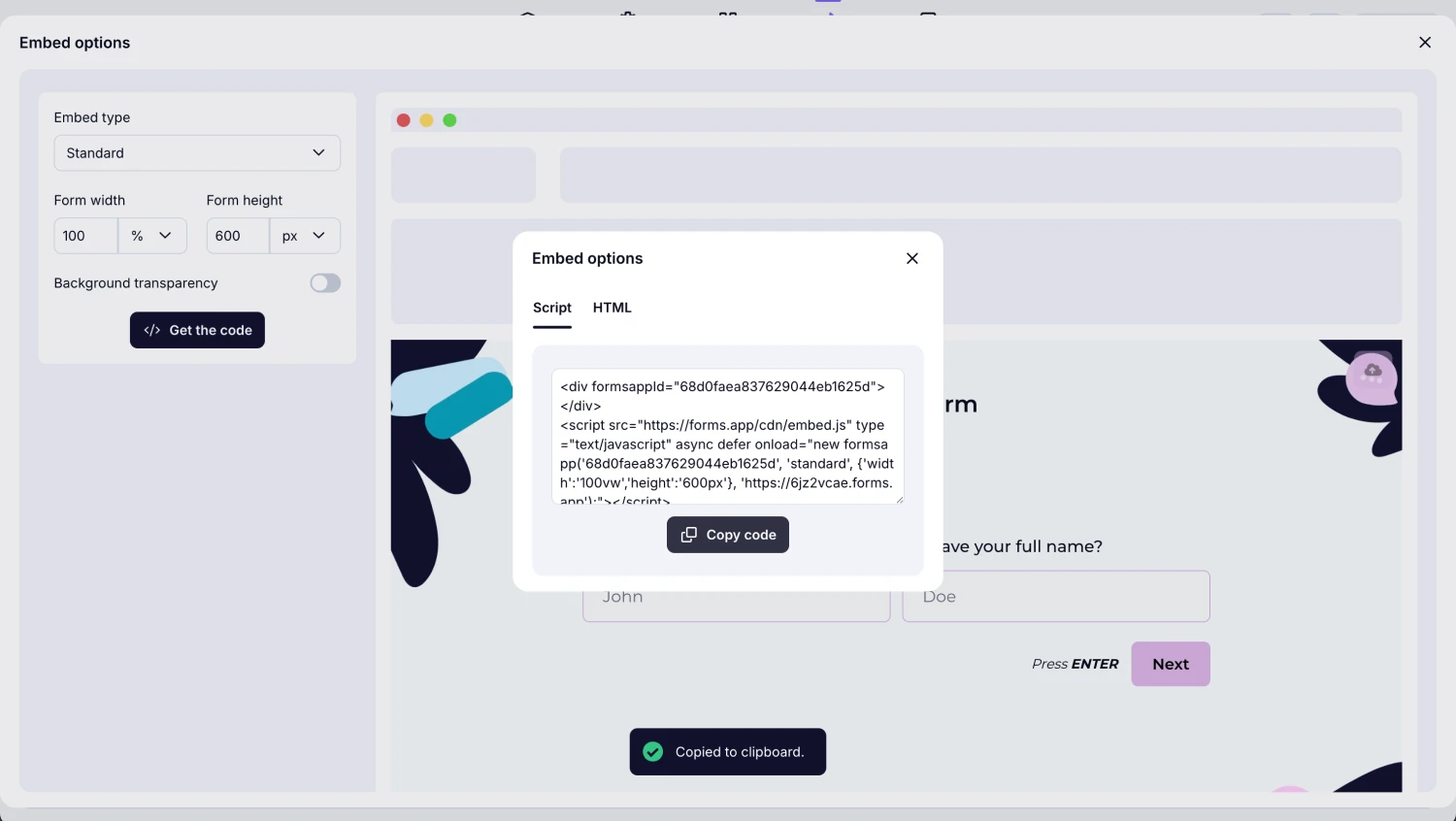 An image showing the “Share” section of your form, where you can copy the embed code from the options below