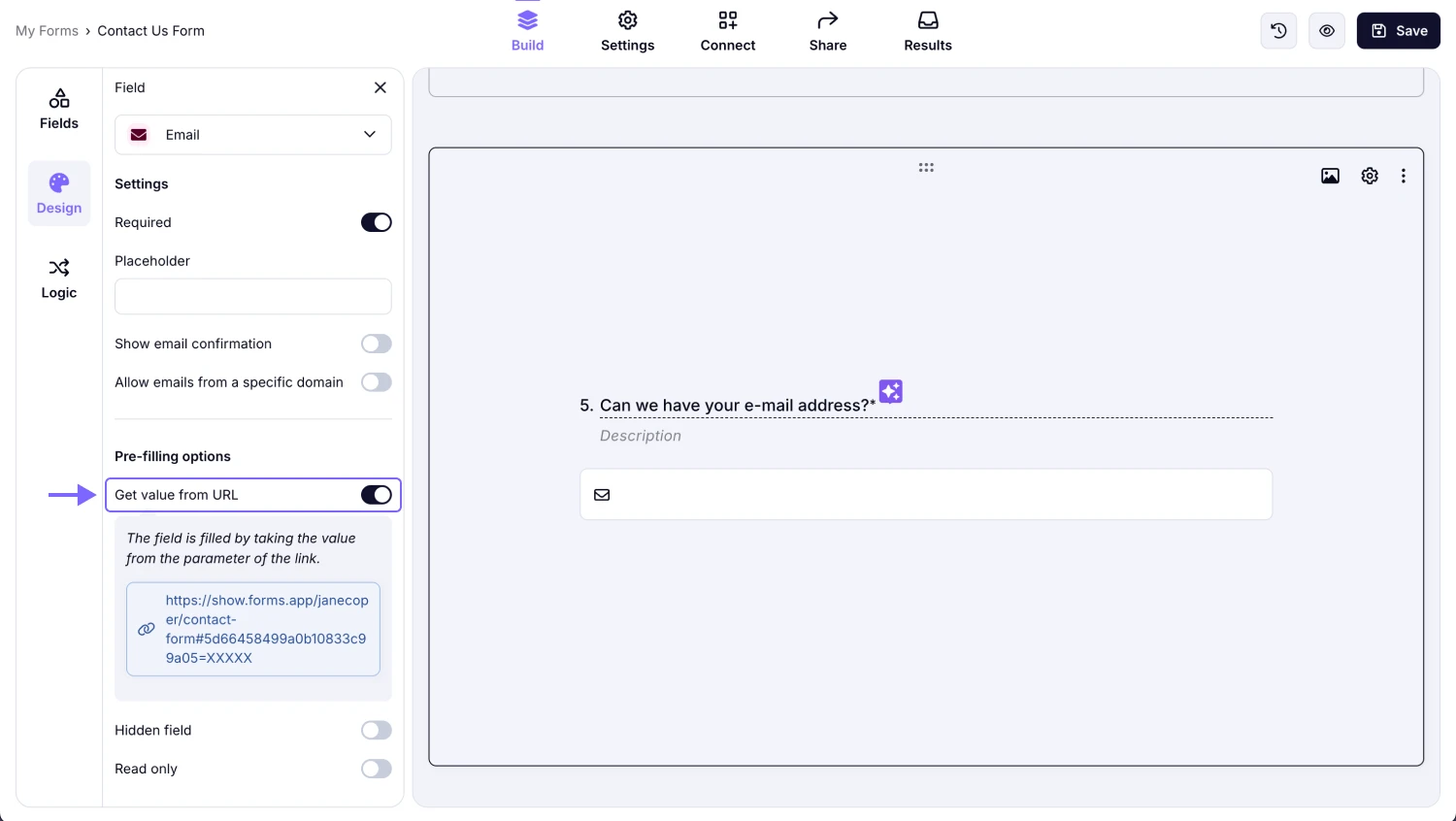 An image showing the “Build” section of your form, where you need to activate the “Get value from URL” option for the required field