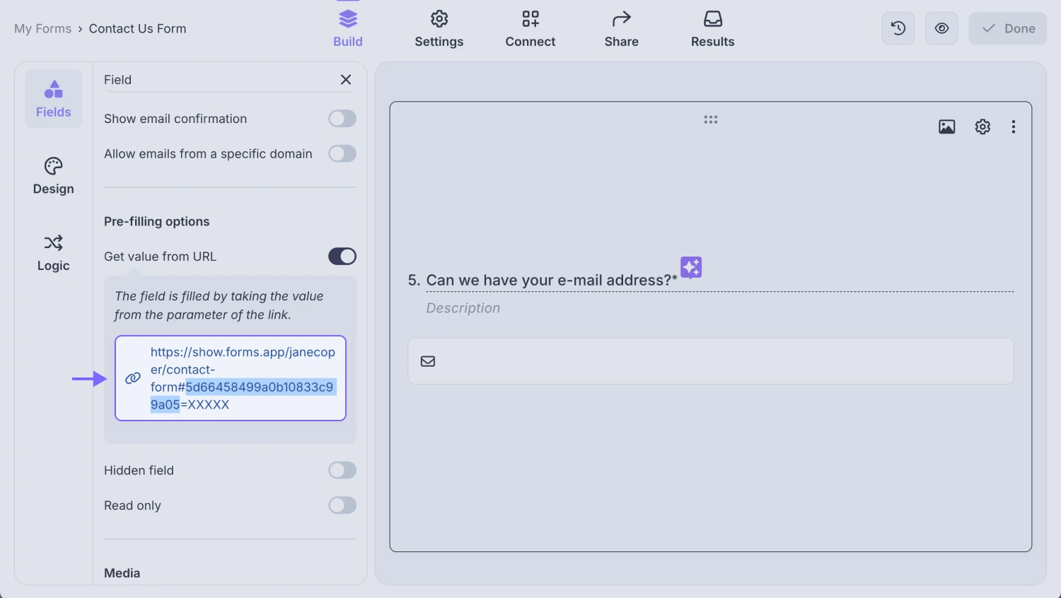 An image showing the “Build” section of your form, where you need to activate the “Get value from URL” option for the required field