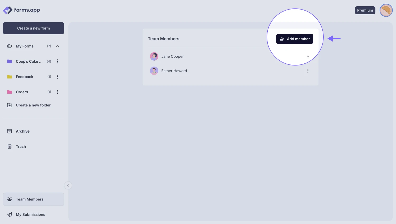 An image showing the “Add member” button, which you need to click to add new users when you are in the “Team Members” tab