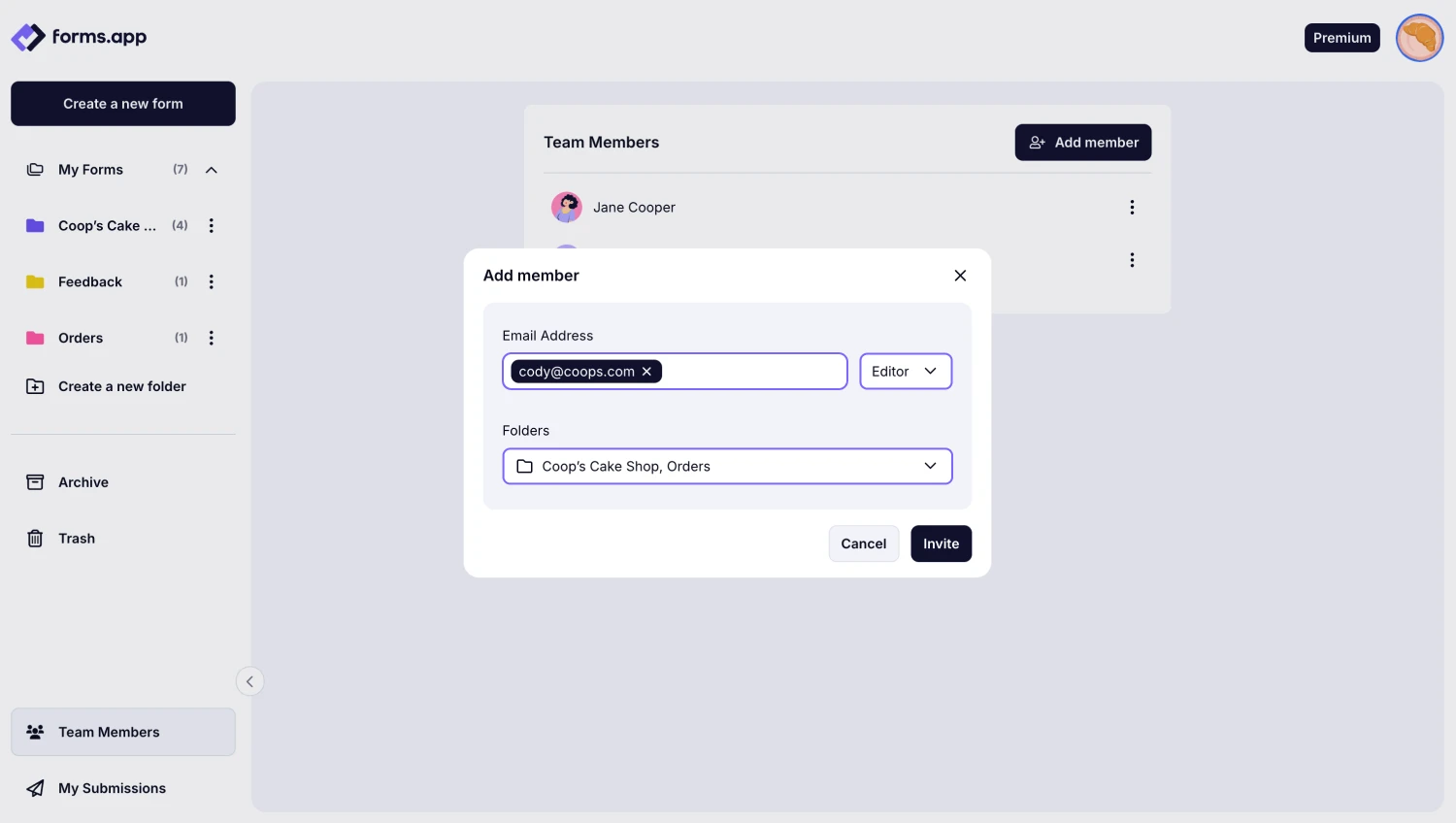 An image showing how to add a new team member by selecting the folder, roles, and entering their email address