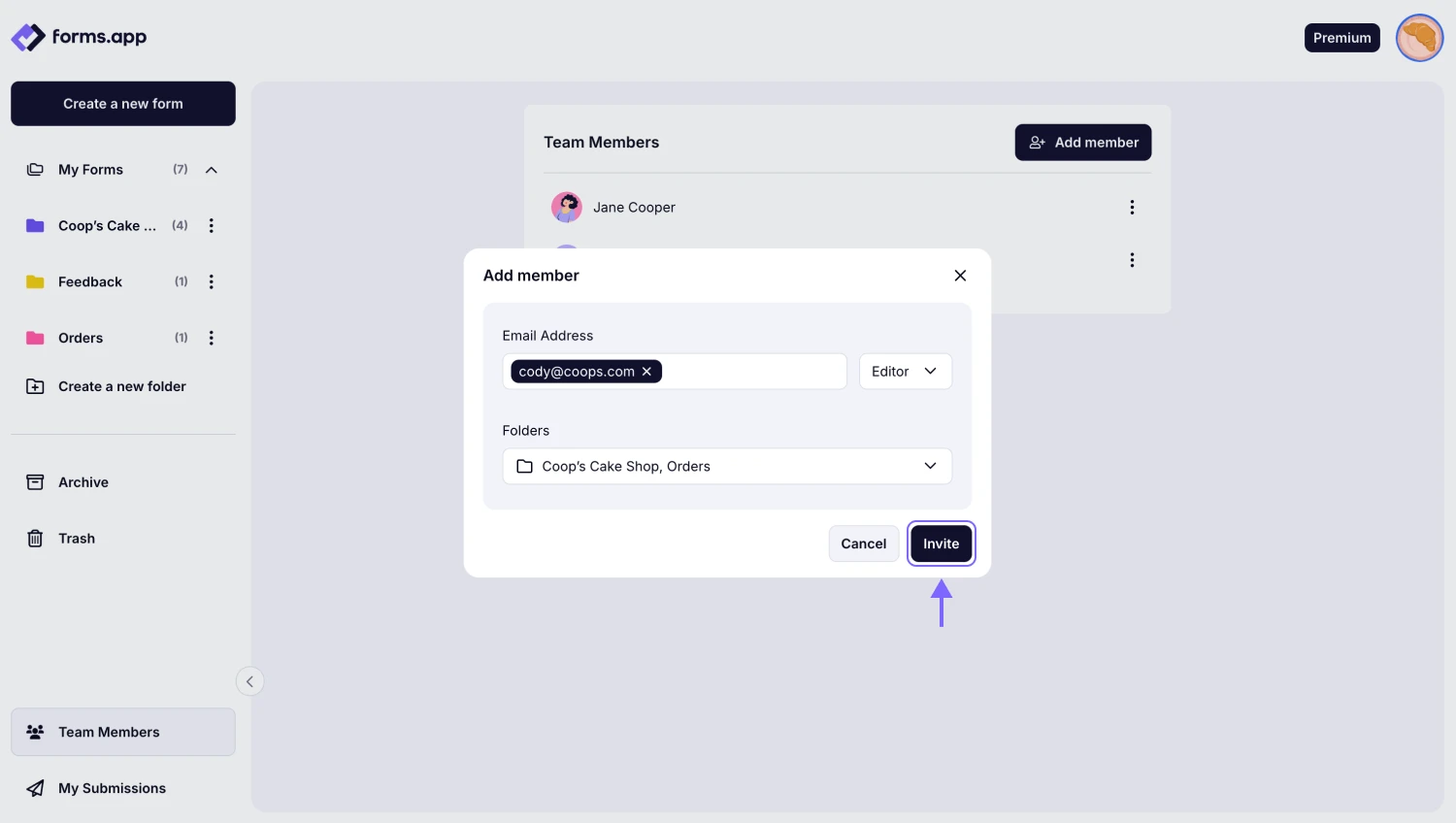 An image showing the “Invite” button, which you need to click to add the user once you have entered their email address and selected role and folder
