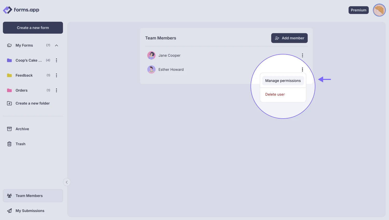An image showing how you can change your team members’ roles by pressing the “Manage permissions” button