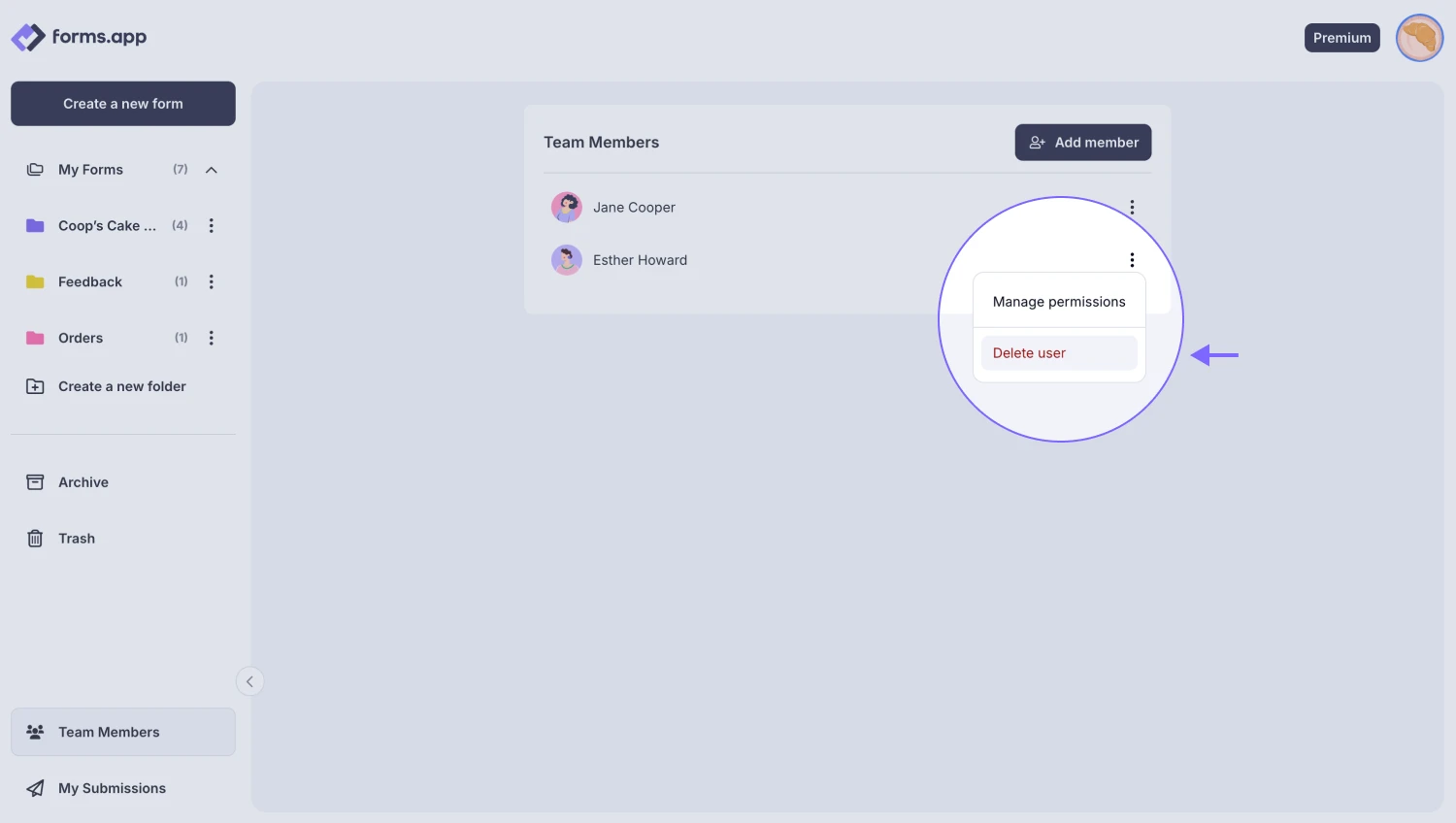An image showing how you can delete users completely by pressing the “Delete user” button
