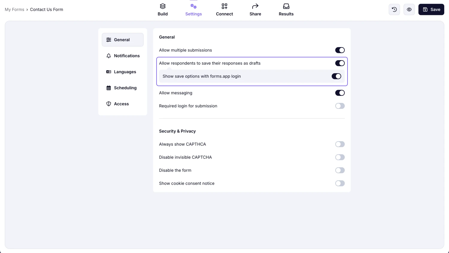 An image showing the “Save as a draft” with the “forms.app login” option enabled in your form settings tab