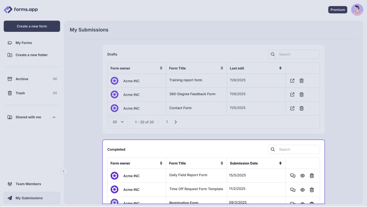 An image showing the area where your completed form submissions are located