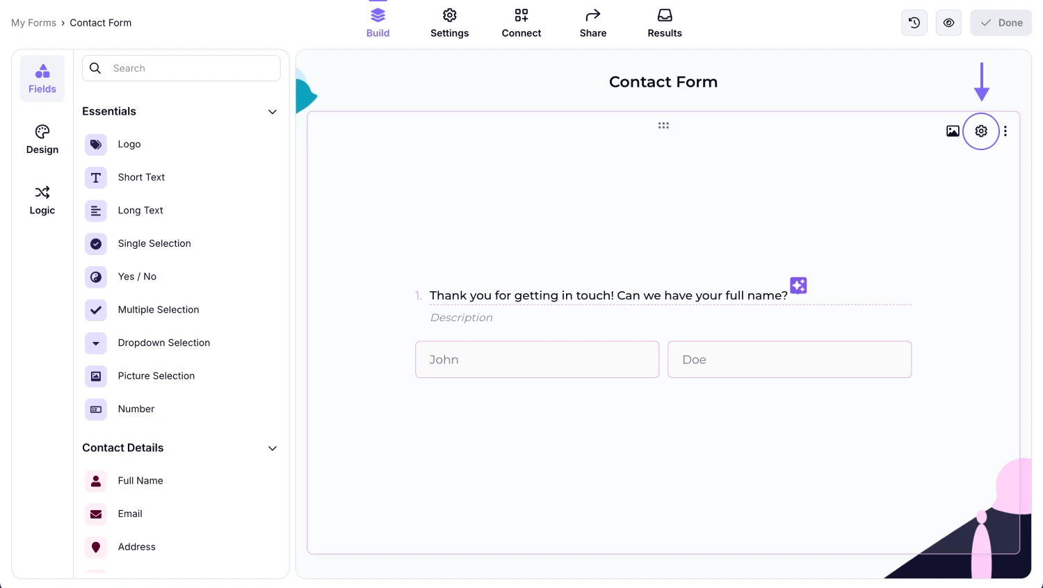 An image showing how you can access the field settings of the needed field by clicking the “Gear” icon on it