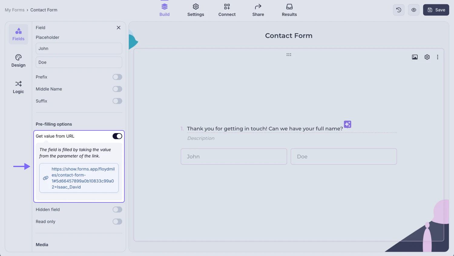 An image showing the “Get value from URL” toggle, which you need to enable to pre-fill your field and copy the URL