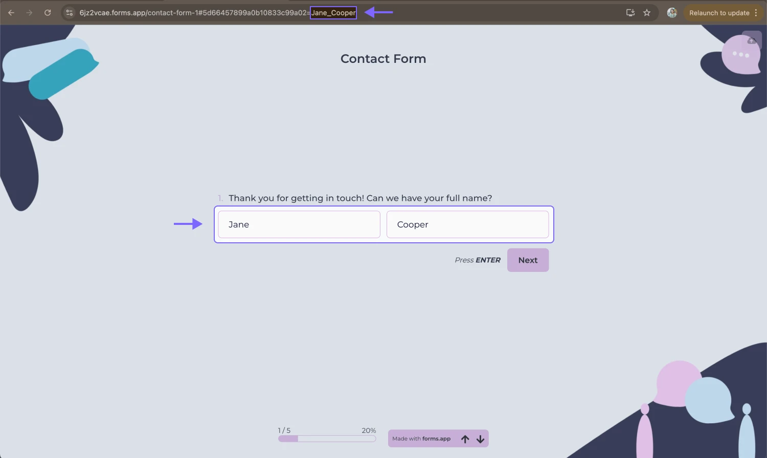 An image showing an example of the pre-filled “Full name” field and its changed URL