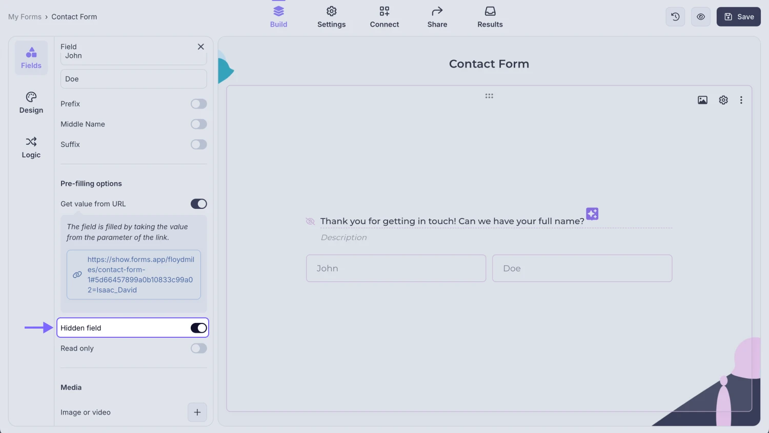 An image showing&nbsp; the “Hidden field” setting, which you need to enable if you want to keep the field hidden from the respondents