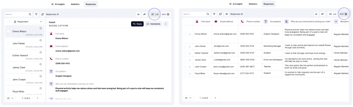 An image showing the two different view types (List view or Grid view) you can select to check your form responses