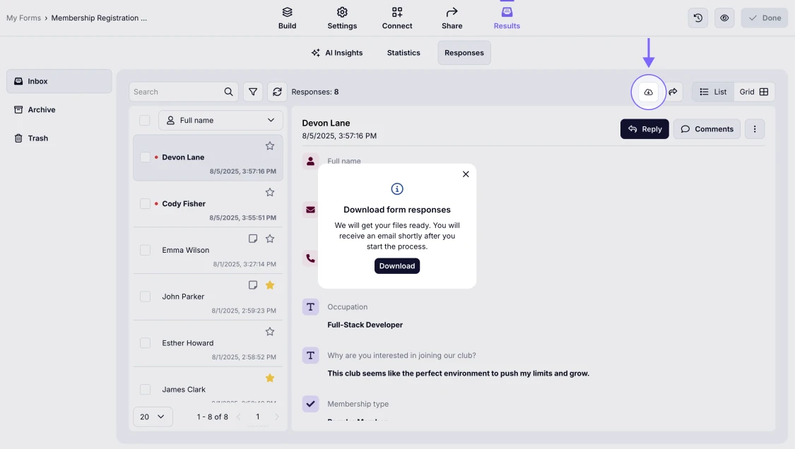 An image highlighting the Download icon, which allows you to request the download of your form results