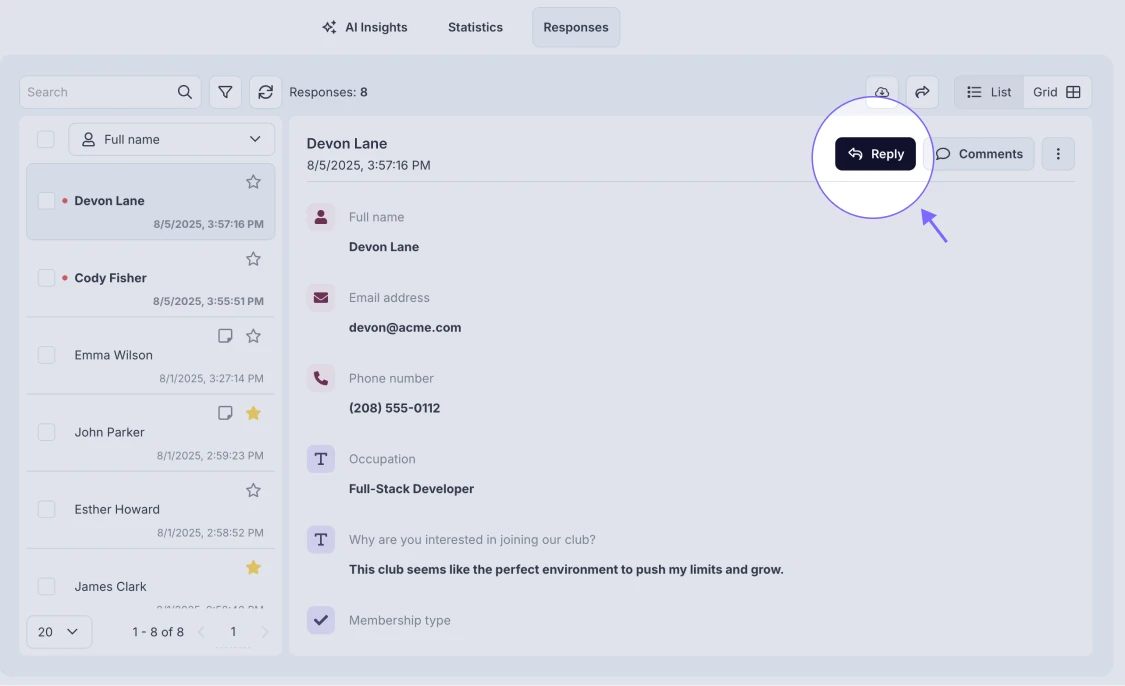 An image showing the option of replying to the respondents who filled out your form