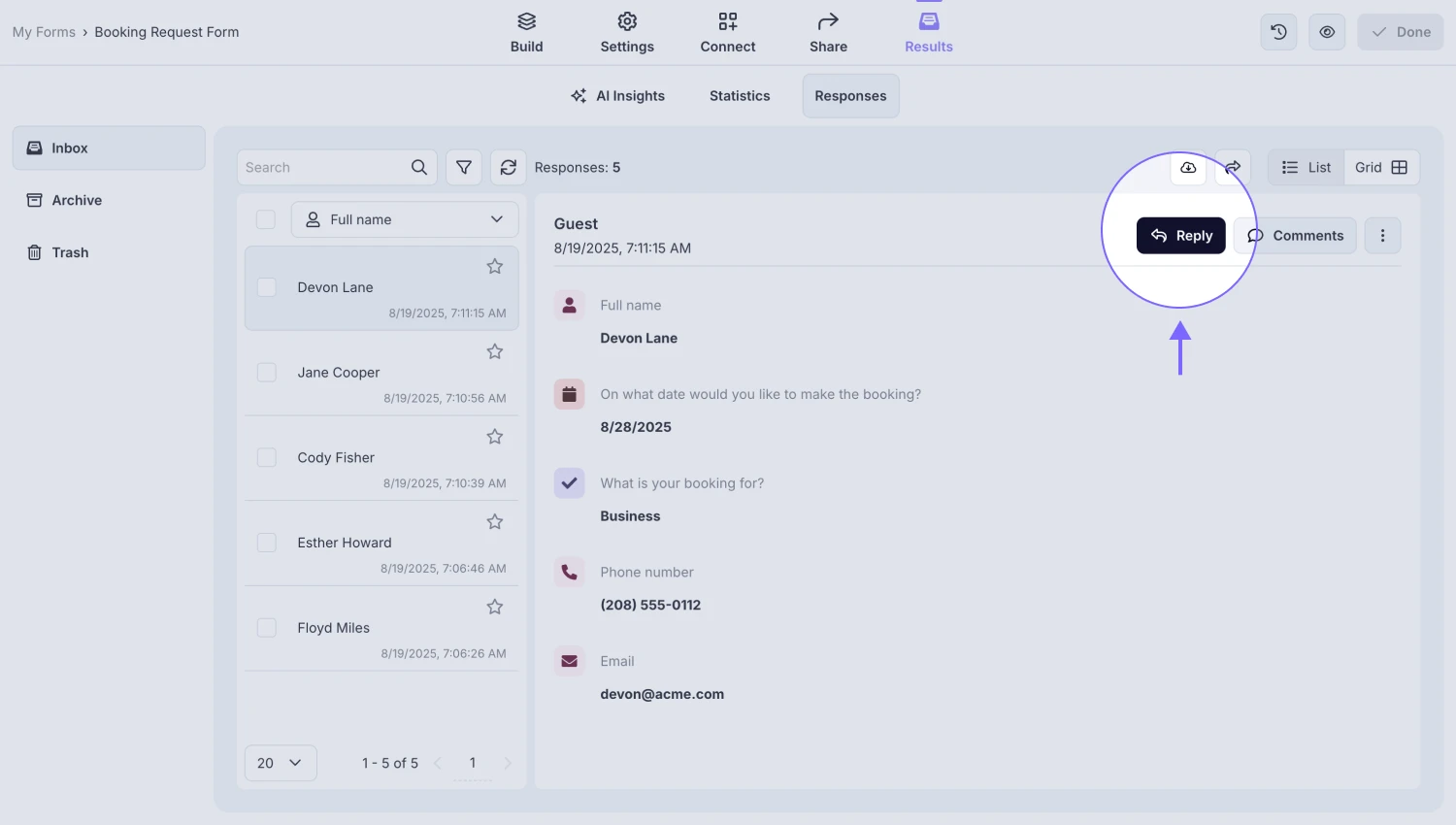 An image showing the “Reply” button you must press once you select the response needed