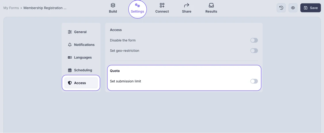 An image showing how to access the Quota settings through the Settings tab of your form