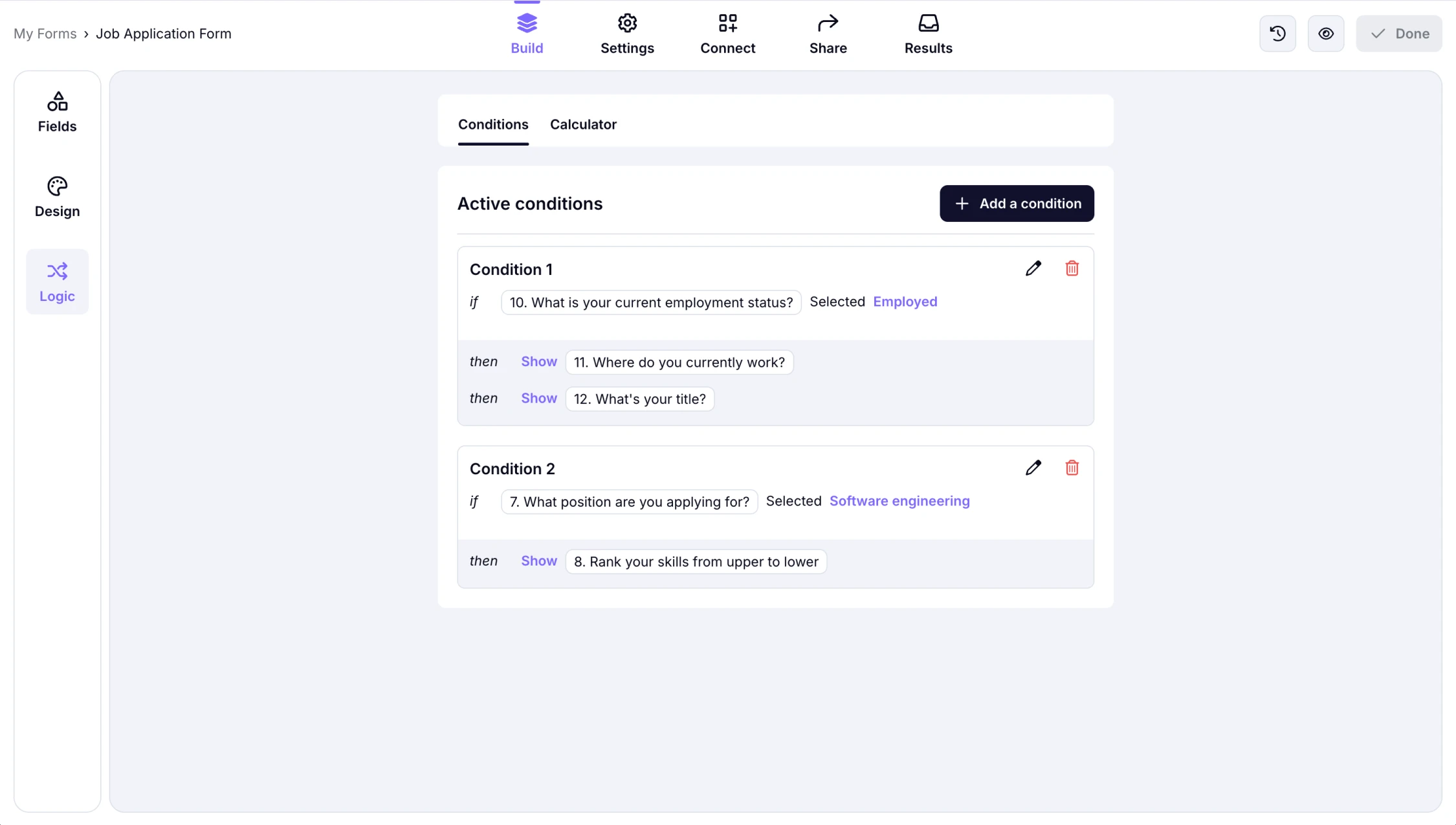 An image showing an example of the set-up conditional rule within the Job Application form