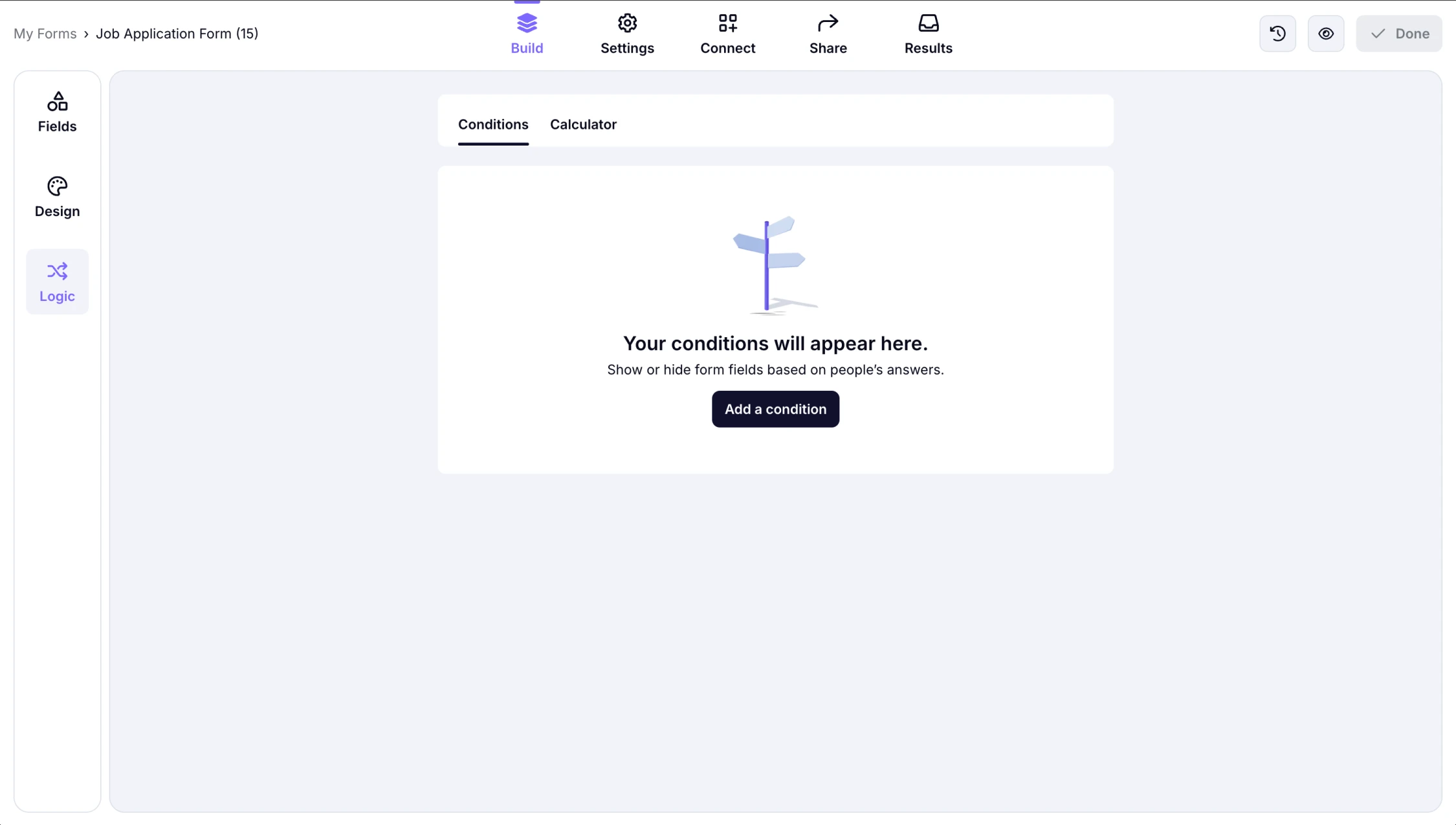An image showing how you can access the Conditions section through the Logic tab