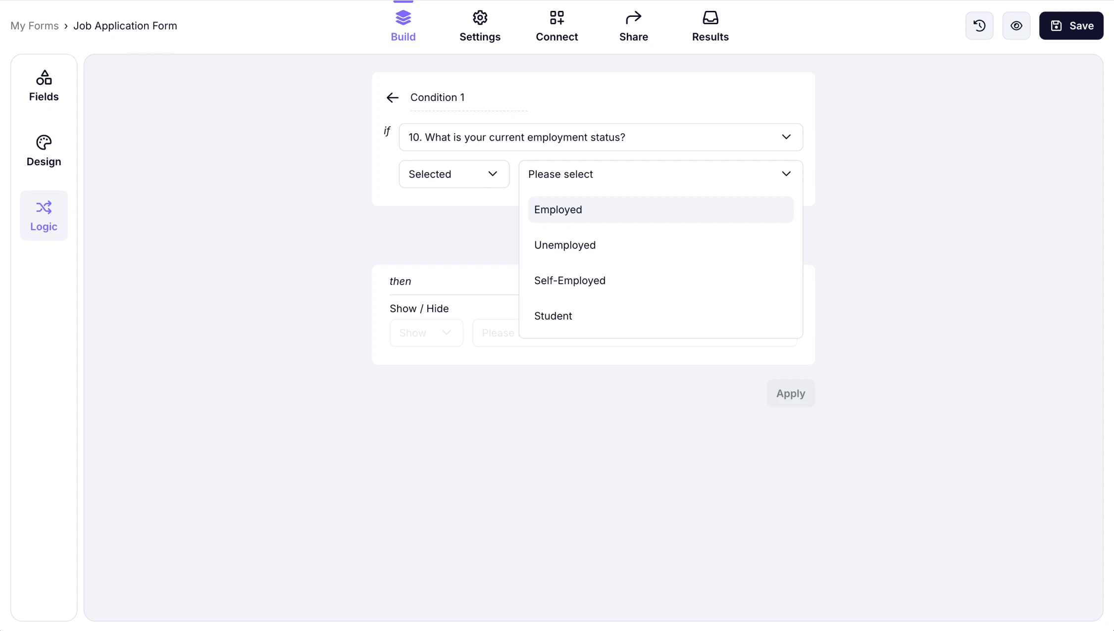 An image showing where you can select the field needed and click the conditions to set up