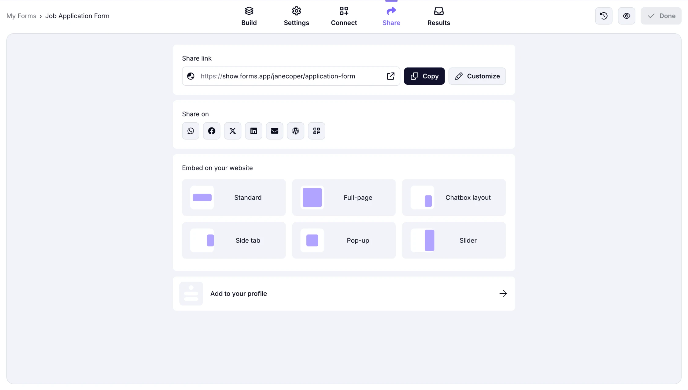 An image showing the “Share” section where you need to go after you have added and saved your conditions to share your form with your audience