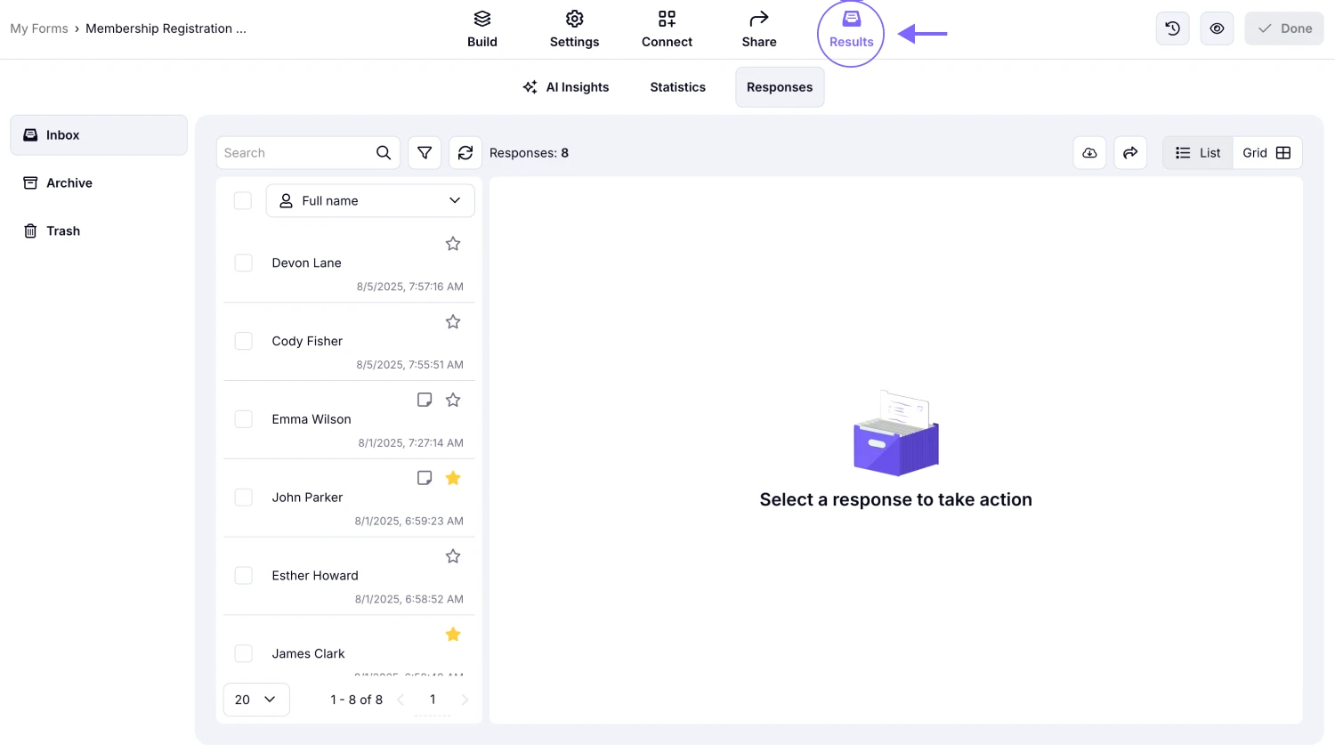 An image showing how you can access the “Results” tab after you finish editing your form