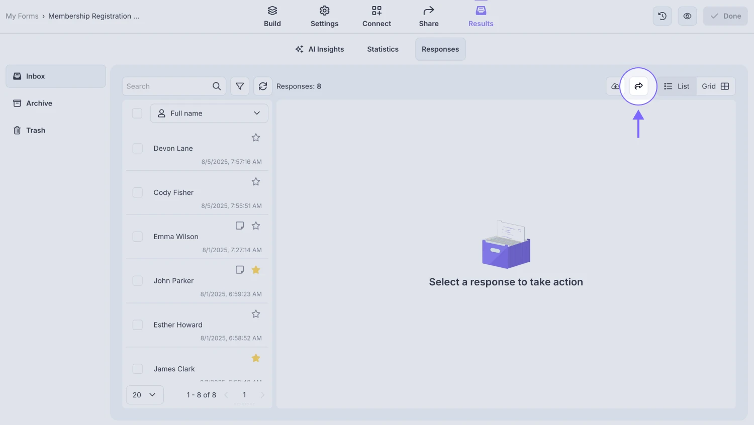 An image showing the “arrow” button, which is located in the upper right corner in the “Responses” section