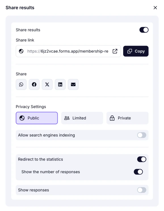 An image showing the options and settings you can adjust once you press the “arrow” button and the “Share results” window appears