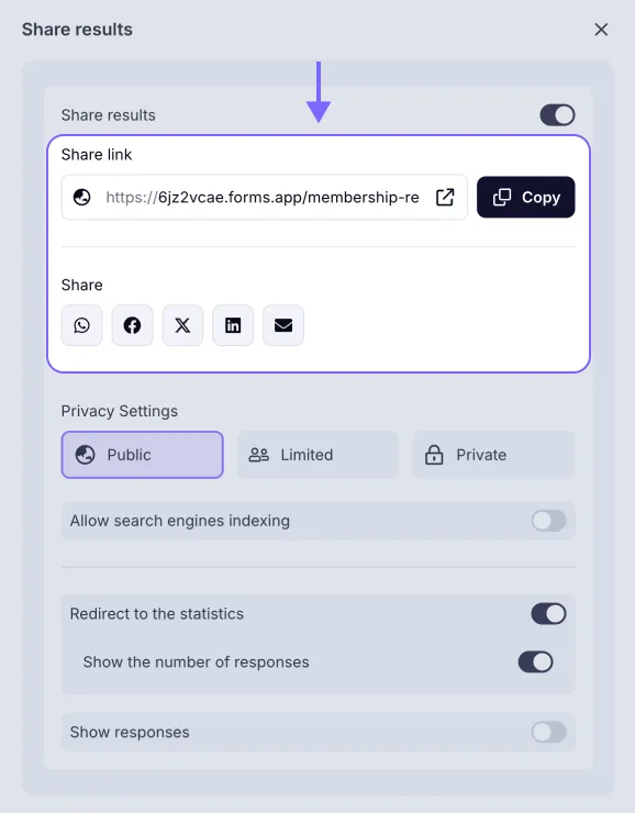 An image showing how you can share the results link by copying the URL directly or selecting the sharing options below